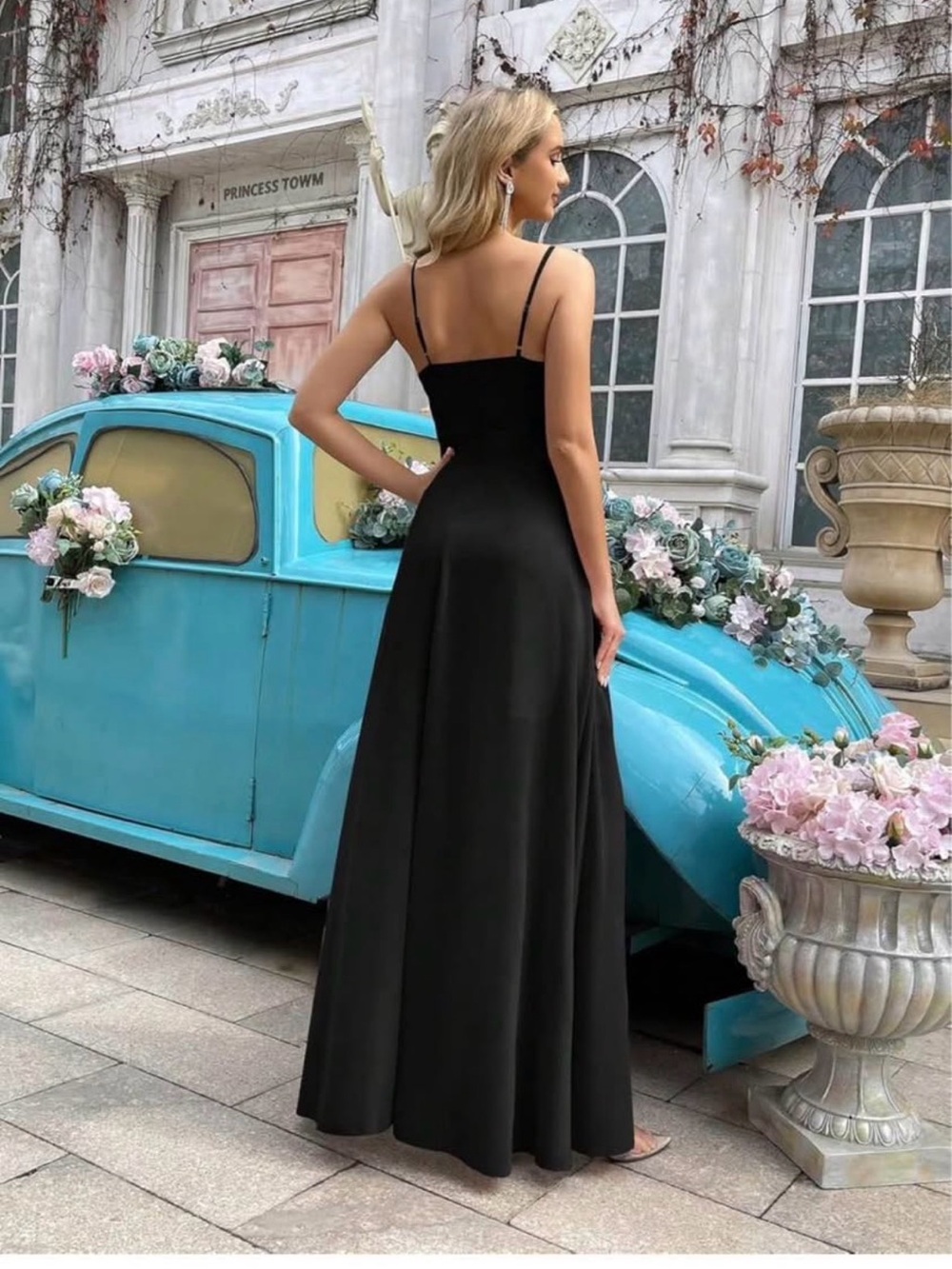 Black Spaghetti-Strap Maxi Dress with Draped Skirt - Picture 2 of 4